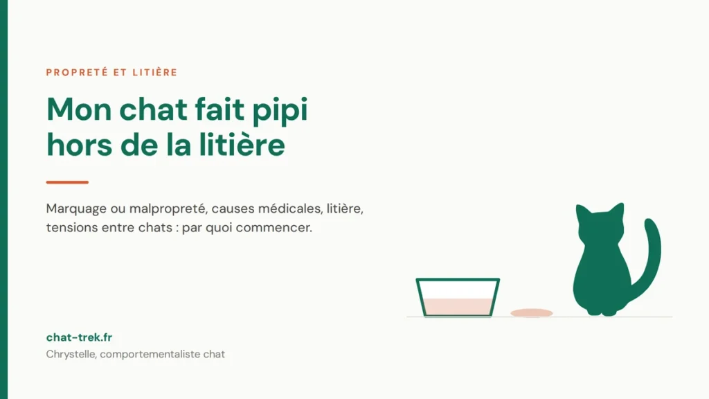 Chat assis près de son bac à litière et d'une flaque d'urine au sol