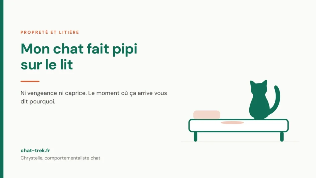 Chat assis sur un lit portant une tache d'urine