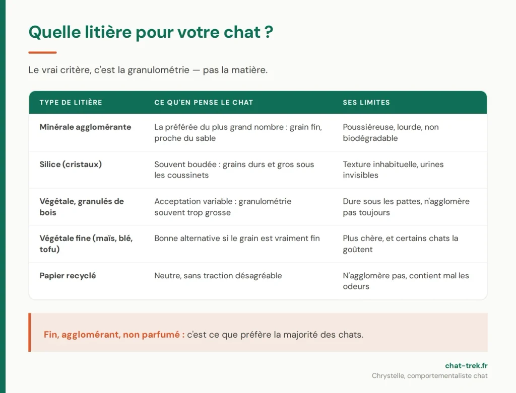 Tableau comparatif des litières pour chat : minérale, silice, végétale, papier recyclé