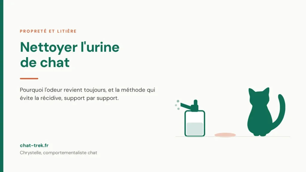 Chat assis à côté d'un nettoyant enzymatique et d'une tache d'urine