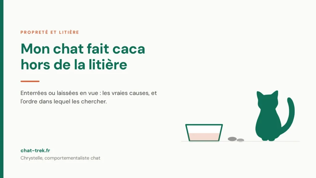 Chat assis près de son bac, avec des selles déposées à côté