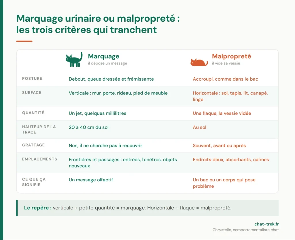 Tableau comparant le marquage urinaire du chat et la malpropreté : posture, surface, quantité